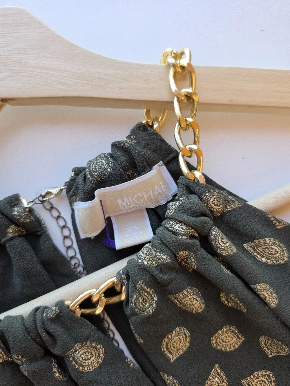 Michael Kors Halter Chain Olive Green Metallic Gold Paisley High Low Swing Dress
